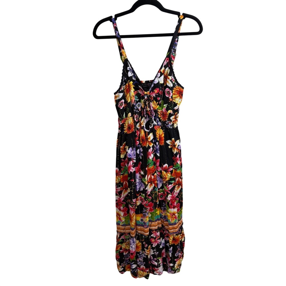 Me 2 Magic Anthropologie Boho‎ Flowy Maxi Dress Sz M Black Multi Color Vacation